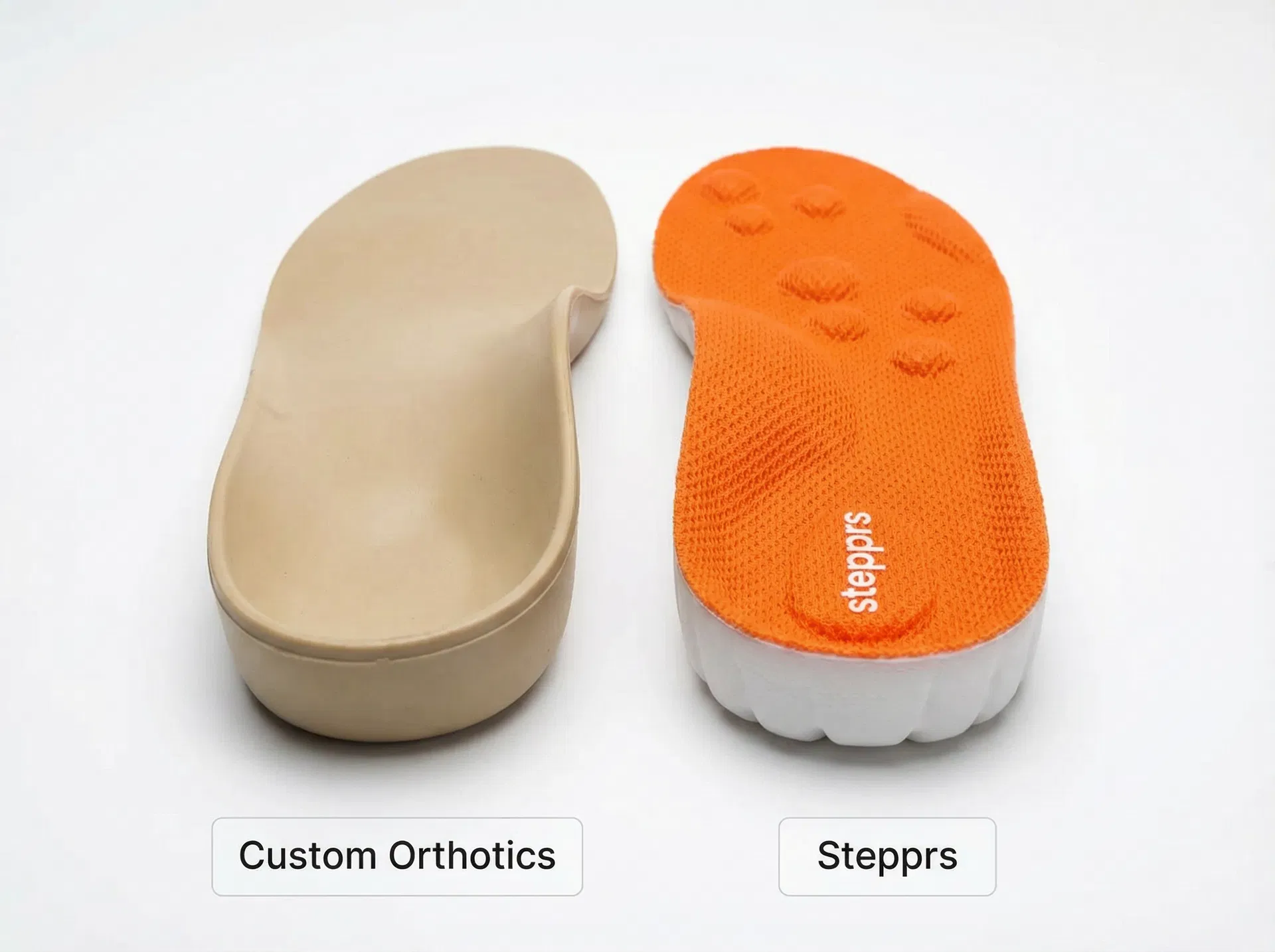 Side-by-side comparison of a traditional beige custom orthotic insole and the bright orange textured Stepprs insole