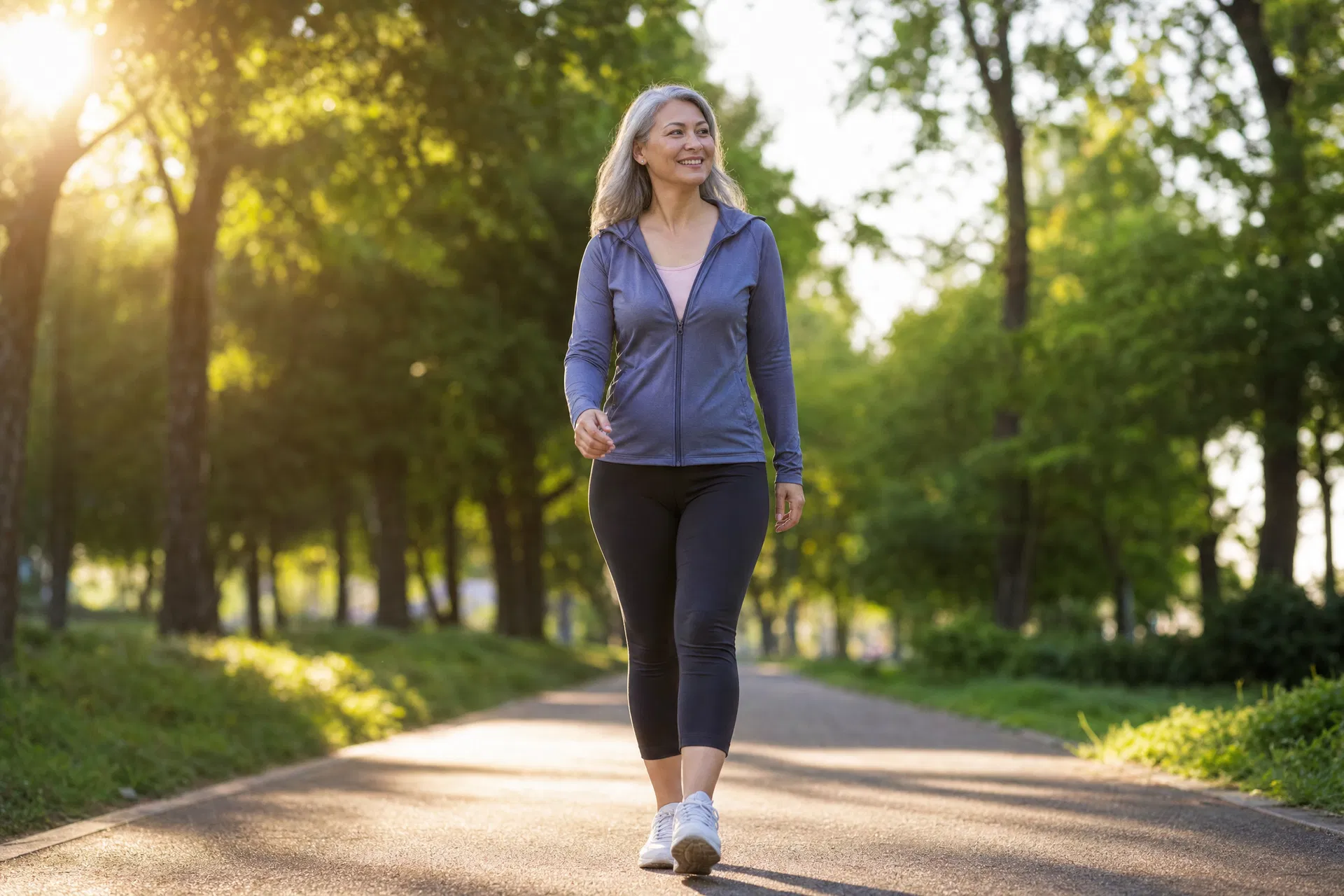 Woman walking comfortably on a suburban sidewalk wearing casual everyday footwear